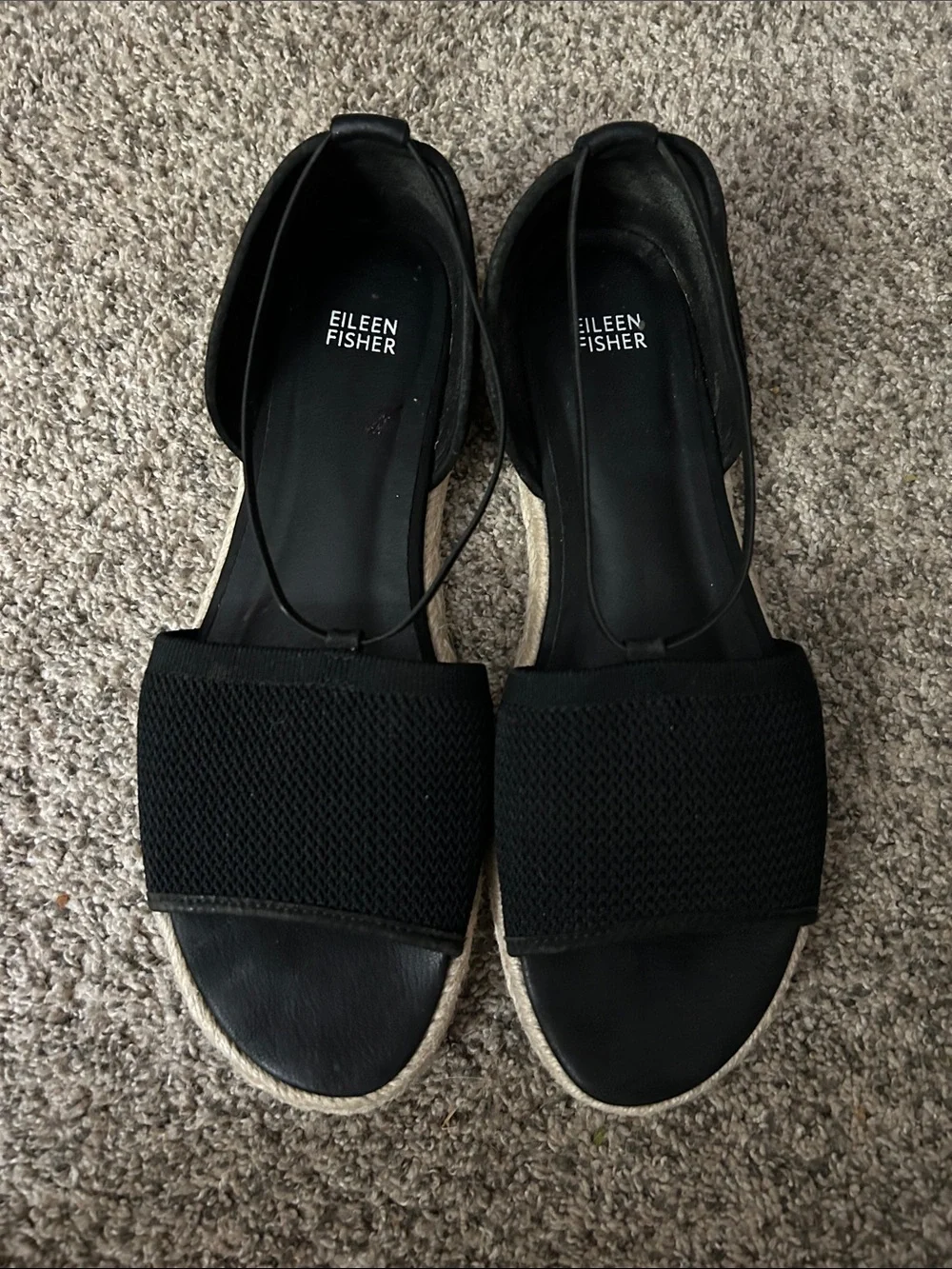 Eileen Fisher Black Mesh Espadrille Flat Sandals,‎ Size 11.5
